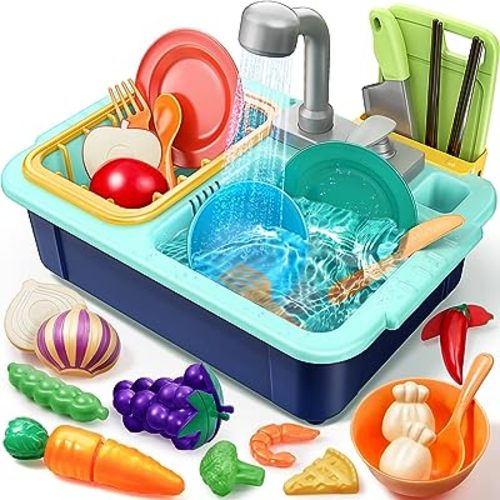 Geyiie Play Sink with Running Water - Kitchen Sink Toys for Kids and Toddlers with Upgraded Faucet, Cutting Food, Play Dishes, Pretend Role Play Kitchen Set, Ideal Sensory Gift for Girls Boys