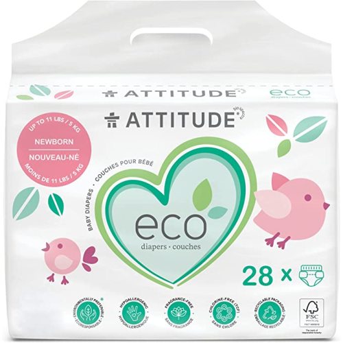 ATTITUDE Disposable Diapers for Sensitive Skin, Non-Toxic, Hypoallergenic, Chlorine-Free, Dye-Free & Lotion-Free Biodegradable Baby Diapers, Plain White (Unprinted), Size 0 (Up to 11 lbs), 28 Count - Size N (28 Count)