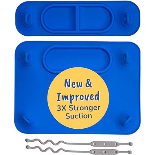BUSY BABY Silicone Mat Bundle - 1 Original Mat Plus 1 Mini Mat, New Stronger Suction Cups, 6 Straps to Secure Baby Essentials and Keep Them Off The Floor, Baby Led Weaning, Wet Bag Included (Blue)
