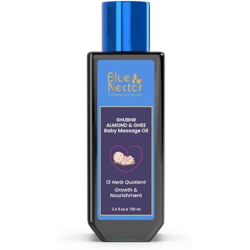 Blue Nectar Ayurveda Gentle Baby Oil for Newborn Skin Care -Moisturizing Baby Massage Oil for Dry Skin &Scalp Moisturizer| Soothing with 100% Natural Coconut Oil & Organic Ghee (13 Herbs, 3.38 Fl Oz)
