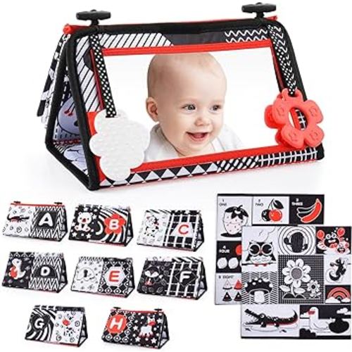 Baby Mirror Tummy Time Toys: 3 In 1 Black White High Contrast Baby Mirror with Book & Mat Easter Basket Stuffers Montessori Toy for 0 3 6 9 12 Months Newborn Gifts for Boy Girl Sensory Infant Toy 0-6