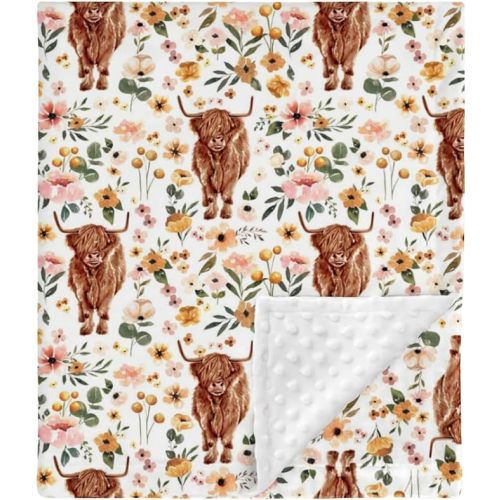 HawSkgFub Highland Cow Floral Minky Baby Blanket Dotted Backing Girl, Boho Western Farm Animal Yak Flower Double Layer Nursery Bed Blankets, Soft Plush Newborn Infant Toddler Kid Crib Bedding 30 x 40 - 30x40 inch