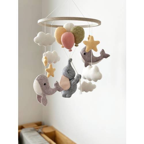 Elephant baby mobile, whale baby mobile, nursery decor, felt boy girl baby mobile, baby shower gift,