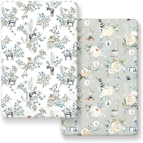 Pack n Play Sheets Fitted 2 Pack, Stretchy Ultra Soft Jersey Knit Pack and Play Sheets, Universal Fitted Portable/Mini Crib Mattresses Snug and Safe, Stylish Print
