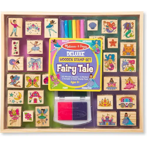 Melissa & Doug Deluxe Wooden Stamp and Coloring Set – Fairy Tale (30 Stamps, 6 Markers, 2 Durable 2-Color Pads) - Fairy Tale-Themed Stamps For Kids Activity Set
