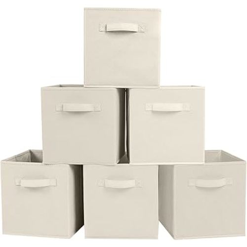 PowerKing Collapsible Storage Cubes with Handles, Fabric Foldable Bins for Closet Shelves, Durable Organization Storage Bins, 10.5'' x 11'' x 10.5'', 6 Pack, Cream