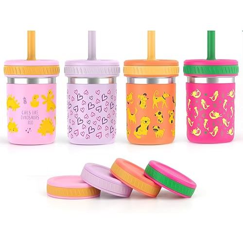Sursip Toddler & Kids Stainless Steel Cups with Straws and lids | 10 oz Baby Spill-Proof Sippy Smoothie Tumbler with Silicone Sleeves Toddler Snack & Drink Cups, BPA-Free, Dishwasher Safe, with Box
