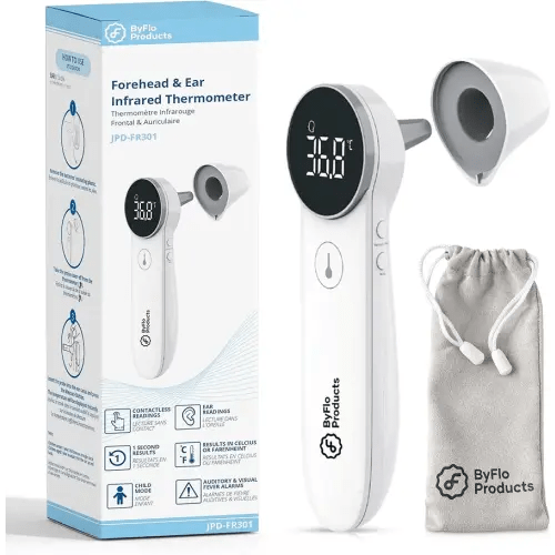 ByFloProducts, Ear and Forehead Thermometer, Thermometer Adult and Baby, Forehead Digital Thermometer, Infrared Touchless Thermometer, Temperature Memory and Fever Alarm, Easy to Use, Proudly Canadian