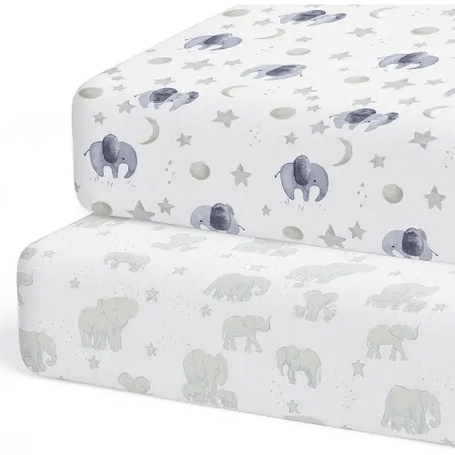 Crib Sheets Neutral - Fitted Baby Crib Sheets Bed for Girl Boy - 2 Pack Standard & Toddler Mattress (Watercolor Elephants) - Buttery Soft Organic Cotton Blend