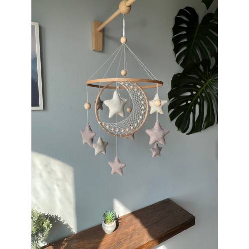 Moon and star crib mobile, Macrame baby mobile, Nuetral baby mobile, Moon baby mobile, Star mobile, Handing Mobile Felt, Mobile nursery,