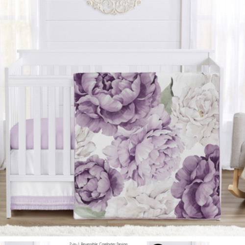 Peony Floral Garden Lavender Purple and Ivory Collection 4 Piece Crib Bedding