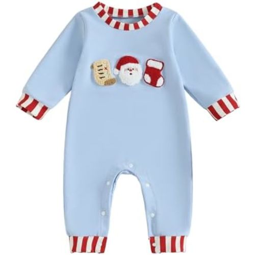 Baby Boy Christmas Newborn Outfit Long Sleeve Crewneck Romper Fuzzy Socks Embroidery Jumpsuit Fall Winter Outfit