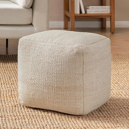 Anji Mountain Pouf Ottoman Foot Rest, Handmade Ottoman Pouf, Comfortable Foot Stool, Decorative Floor Seating for Living Room Decor, Bedroom & Home Décor Accent - Ivory/Lt Brown