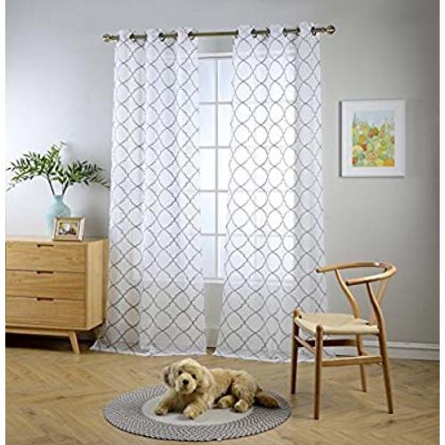 MIUCO White Sheer Curtains Embroidery Trellis Design Grommet Curtains 84 Inches Long for Living Room 2 Panels (2 x 37 Wide x 84" Long) White/Silver Embroidery - 37x84 inch