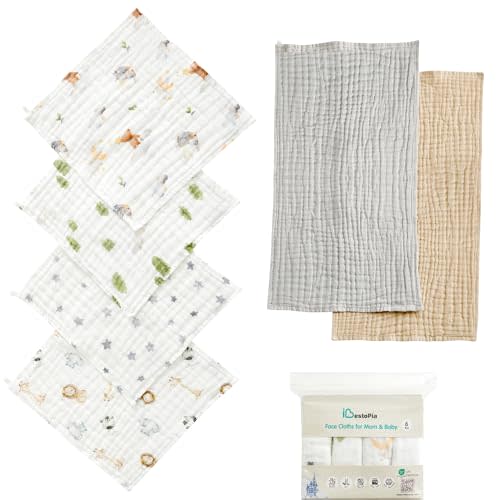 IBESTOPIA 6-Pack Baby Washcloths & Long Towels, 100% Cotton Muslin Face Towels for Baby & Mom, Ultra-Soft Newborn Essentials with Gift Box, for Boys & Girls (Woodland Starry Night Series)