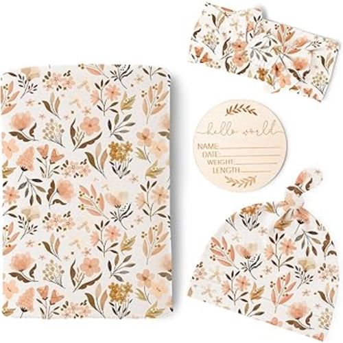 Konssy Baby Girl Newborn Receiving Blanket with Matching Headband and Beanie Set Baby Swaddle Floral Print Nursery Swaddle Wrap