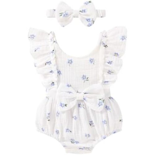 YOUNGER TREE Newborn Baby Girl Clothes Ruffle Sleeve Rompers Infant Backless Floral Jumpsuit Summer Outfits with Headband