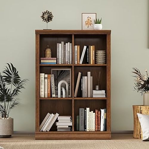 Bevfint 6 Cube Storage Organizer Bookcase - 3 Tiers 6 Storage Cube Adjustable Space Book Case, Display Cabinet Organizer, 30 inch Width Horizontal Bookshelf for Home Library Office, Vintage Oak