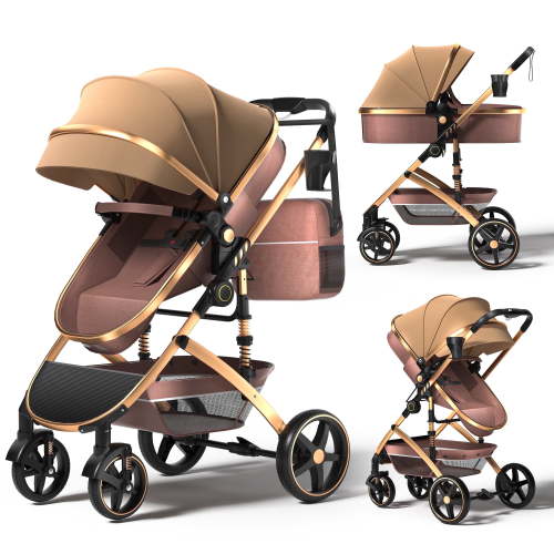 babyeap 2 in 1 Baby Stroller,Foldable Lightweight Carriage Reversible Bassinet Pram for Toddler,Travel Stroller with with Cup Holder、Storage Bag,Brown