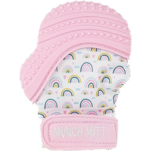 Malarkey Kids Patented Teething Mitten, Munch Mitt Baby Chew Toy - Protects Hands from Chewing & Saliva, Heals Aching Gums, Promotes Sound & Visual Stimulation for Babies - Pink Rainbow