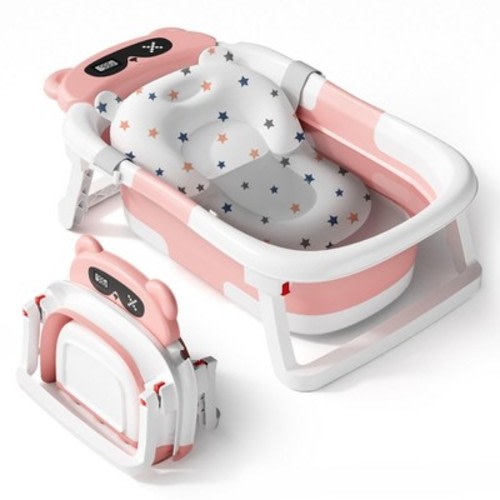 BabyBond Collapsible Baby Bathtub for Infants and Toddlers with Thermometer& 1 Soft Floating Cushion Portable Travel Baby Tub,Pink