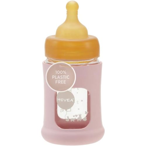 HEVEA Plastic-Free Wide Neck Glass Baby Bottle with Powder Pink Sleeve - Slow Flow Anti Colic Baby Bottles Newborn 0+ Months - BPA-Free, Single-Pack (5 Oz)