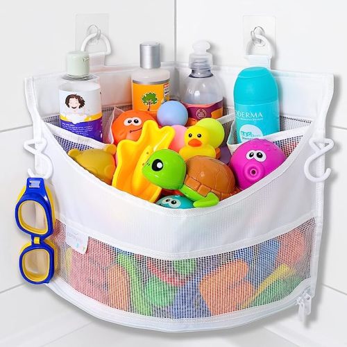Comfylife Mesh Bath Toy Holder Organizer – The Perfect Corner Bathtub Toy Storage & Bathroom or Shower Caddy – This Multi-use Net Bag Makes Baby Bath Toy Storage Easy – For Kids & Toddlers - White Corner