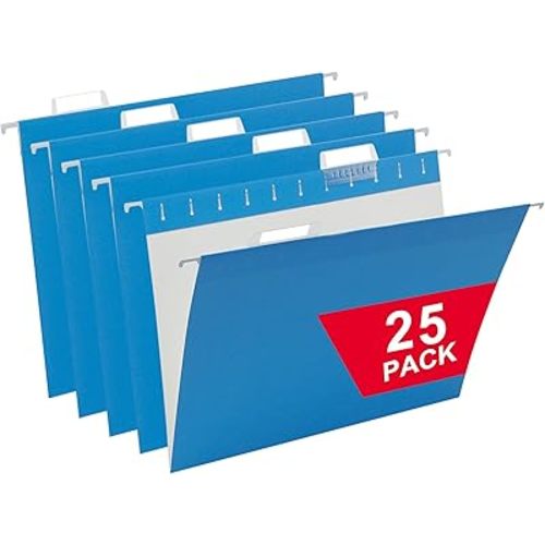 25 Packs Hanging File Folders,Blue Letter Size File Folder,Designed for Bulky Files,Filing Cabinet,1/5 Adjustable Cut Tabs for Office,School,Home