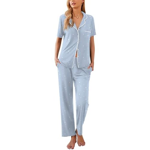Ekouaer Women Pajamas Set Button Down Sleepwear Short Sleeve Nightwear with Long Pants Soft Pjs Set S-XXL