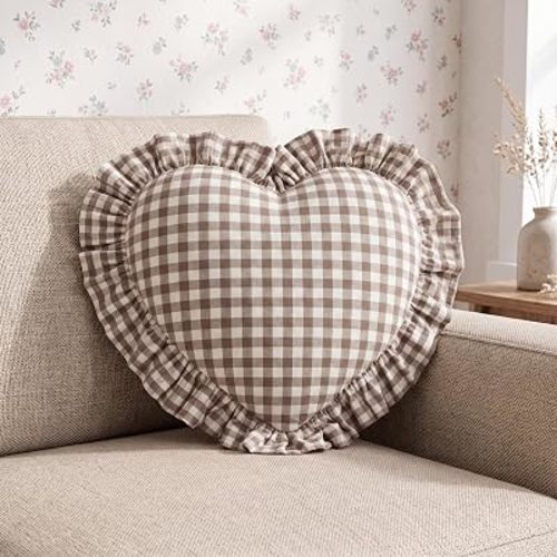 Xuhal Ruffle Gingham Pillow Heart Shaped Pillow 20.5" x 18.5" Taupe Plaid Ruffle Decorative Cushion, 100% Cotton Farmhouse Decor Scalloped Cushion for Vintage Bedroom, Living Room, Sofa & Bed