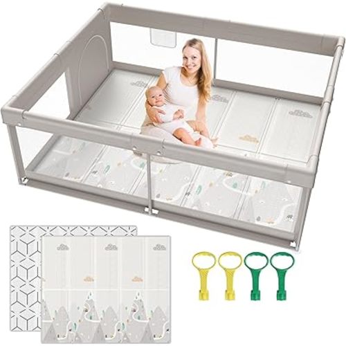 ZEEBABA Baby Playpen with Mat, 71 * 59inch Playpen for Babies and Toddlers, Extra Large Playpen, Play pens for Babies and Toddlers (playpen with mat)