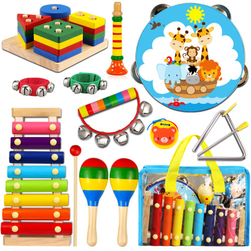 LOOIKOOS Toddler Musical Instruments,Wooden Percussion Instruments for Baby Kids Preschool Educational Musical Toys Set Boys and Girls with Carrying Bag