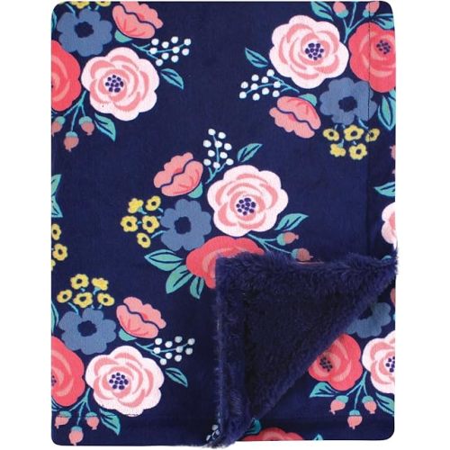 Hudson Baby Infant Girl Plush Blanket with Furry Binding and Back, Navy Bold Floral, One Size