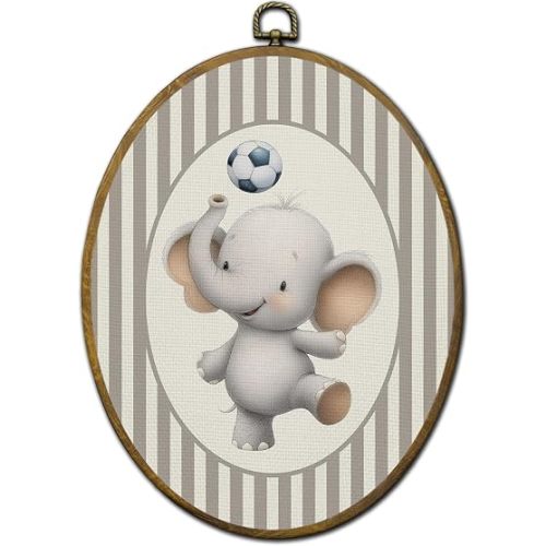 QZQE Elephant Soccer Nursery Oval Wall Art Decor Framed, Sports Oval Canvas Prints, Elephant Playing Soccer Neutral Striped Animal Wall Hanging Decor for Kids Boy Toddler Room Playroom, 8.6x11.4 Inch