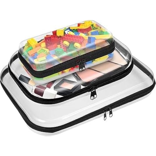 3PCS Clear Zipper Cases, Portable Clear Organizer Pouches for Travel, Double Zippered Hard Shell Plastic Case, Cosmetic Bag for Make Up Tools, Toiletries, Toy Storage (Black, 1 Pack)