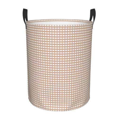 Rateoe Brown Gingham Pattern Round Laundry Hamper Basket, Tall Hamper Basket for Blanket Storage, Nursery Clothes Hamper for Laundry in Bedroom and College Dorm-Small