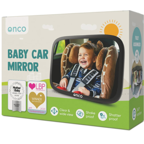 Onco Baby Car Mirror Rear Facing - Double Award-Winning Convex Car Mirror for Baby, 100% Shatterproof & Shakeproof with 360° Rotation, Newborn Essentials (9.6 x 6.9 in)