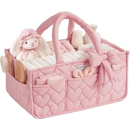 Blissful Diary Baby Diaper Caddy Organizer, Heart-Quilted, Light Pink