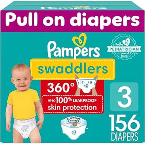 Pampers Swaddlers 360 Pull-On Diapers, Size 3, 156 Count, One Month Supply, for up to 100% Leakproof Skin Protection and Easy Changes