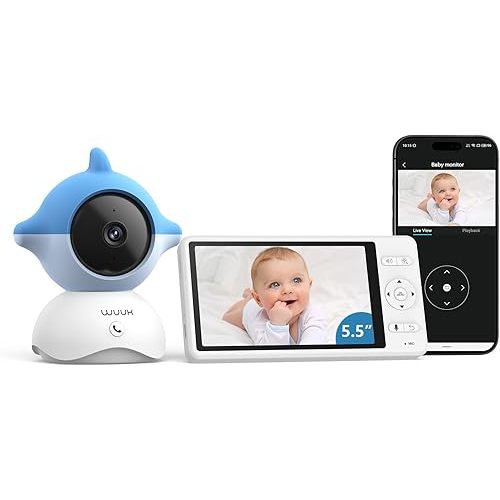 WUUK 2K Video Baby Monitor, 5.5'' Baby Monitor with 360 PTZ Color Display with 135° Wider Viewing Angle, Night Vision, 1000ft Long Range, Baby Camera with App, One-Touch Call, White Noise, Lullabies