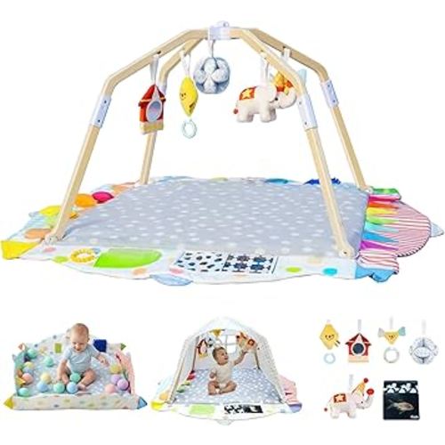 Baby Play Gym Mat, Wooden Activity Center for Baby with 5 Developmental Zones & 5 Detachable Sensory Toys, Stage-Based Montessori Play Mat, Baby Essentials Gifts for Newborn Infant