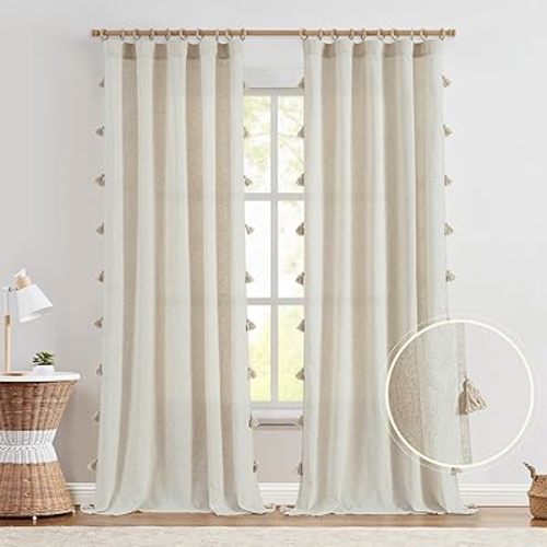 jinchan Boho Curtains 96 Inch Long 2 Panels, Linen Blend Bohemian Drapes with Tassels for Living Room, Semi Sheer Cottage Core Curtian with Pompom, W50 x L63 with Rod Pocket Back Tab, Beige (Ecru)