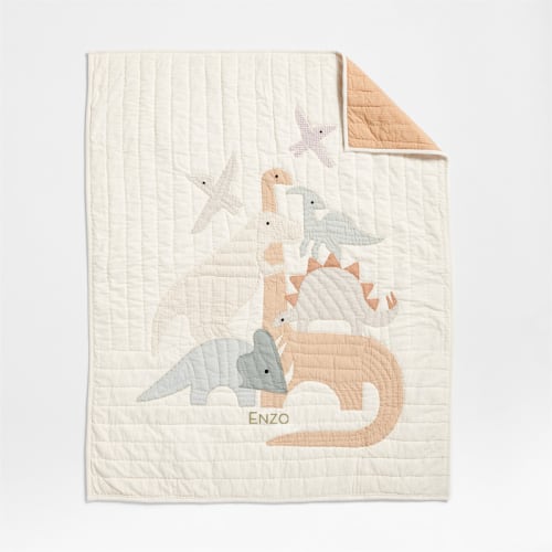 Personalized Dino Tower Embroidered Organic Cotton Baby Crib Quilt