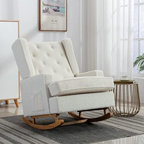 Rocking Chair Nursery,Upholstered Glider Chair for Nursery,Mid Century Modern Oversized Wingback Armchair for Living Room(White)