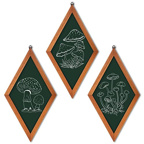 Gulfmew 3 Pcs Mushroom Art Wall Decor 70s Home Vintage Aesthetic Boho Farmhouse Whimsical Home Decor Wood Diamond Frame Flower Hanging Wall Frame for Apartment Bedroom Office(Dark Green, Mushroom)