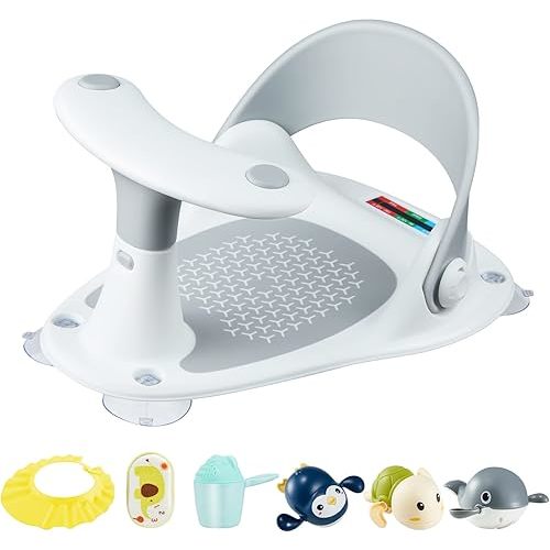 Baby Bath Seat [Original] – 3 Bath Toys + Shower Cap + Bath Brush + Thermometer + Rinse Cup – 4 Anti-Slip Suction Cups – Soft Silicone Cushion – Foldable Design – Ideal Gift for Infants 6-36 Months!