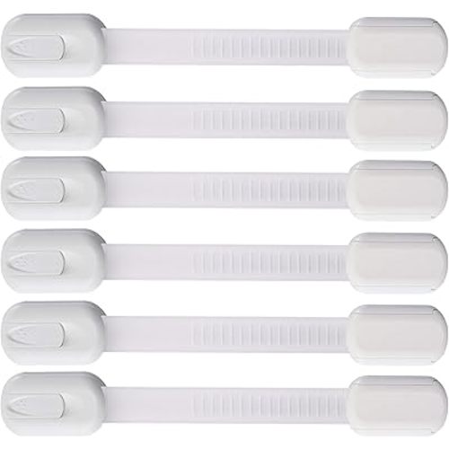 6 Pack Vmaisi Multi-Use Adhesive Straps Locks - Childproofing Baby Proofing Cabinet Latches for Drawers, Fridge, Dishwasher, Toilet Seat, Cupboard, Oven,Trash Can, No Drilling (White) (6)