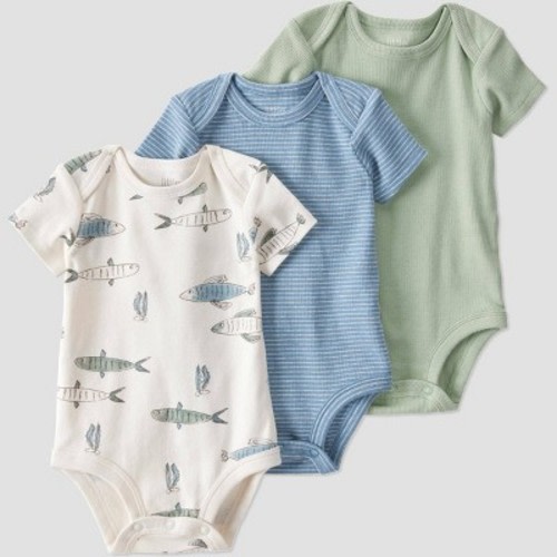 Little Planet by Carter's Organic Baby 3pk Bodysuit - 3M: Stripe & Fish Patterns, Tagless, Crotch Snap