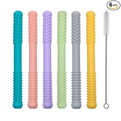 Hollow Teething Tubes Toys for Babies Girls Boys, 6 Pack Silicone Baby Teether Toy Tube for Infants with Nursing Biting Chewing, Chew Straws for Toddlers 6-12 Months (Style B)