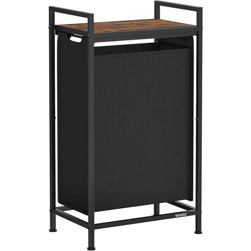 VASAGLE Laundry Hamper, Slim Laundry Basket, Laundry Sorter with A Pull-Out and Removable Bag, Shelf, Metal Frame, 12.7 Gallons (47 L), 16.5 x 11 x 29.5 Inches, Ink Black and Rustic Brown UBLH001B01